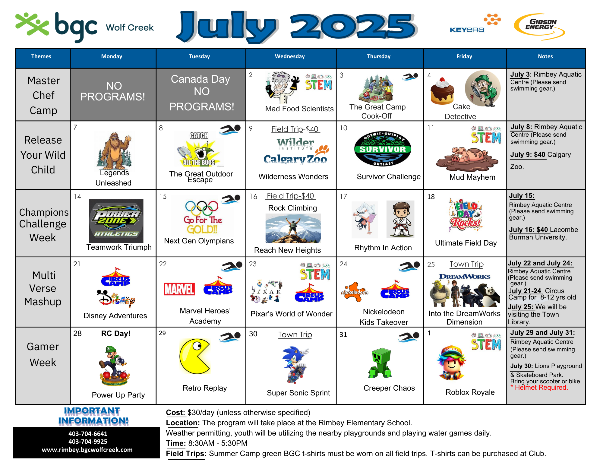Rimbey July 2025 calendar with activities and themes for summer camp