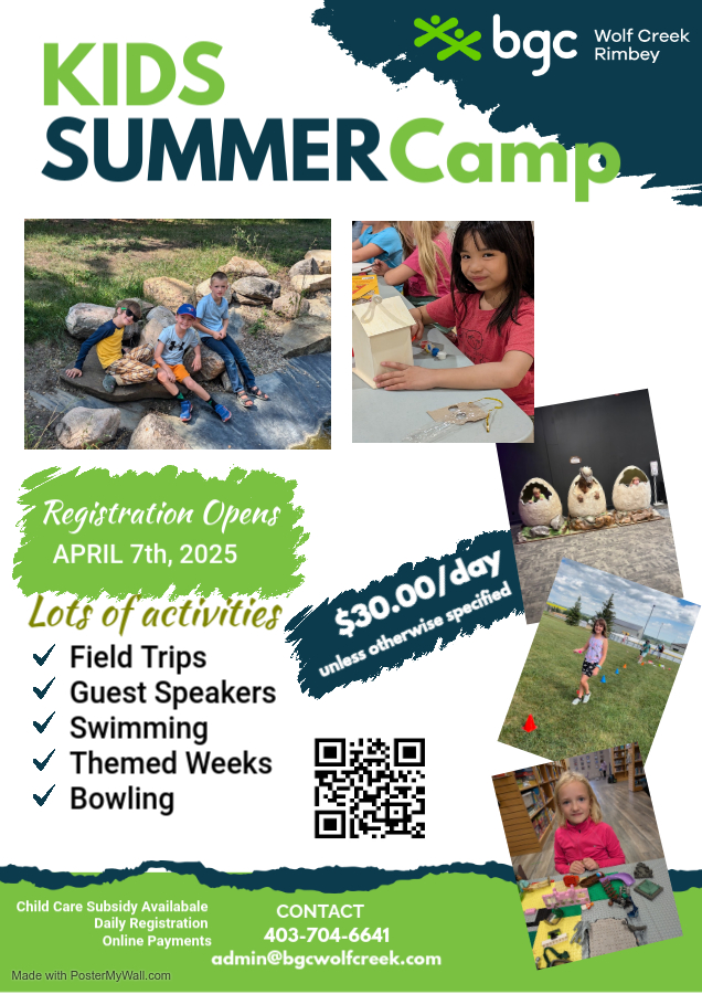Rimbey Summer Camp promo with registration dates and a few activities