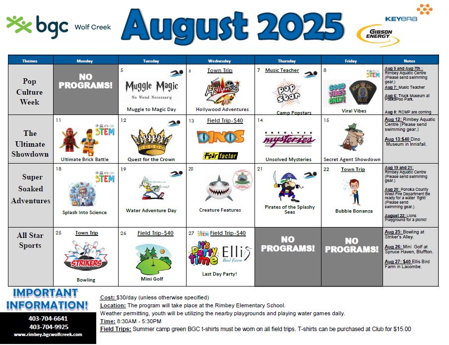 Rimbey August 2025 calendar with activities and themes for summer camp